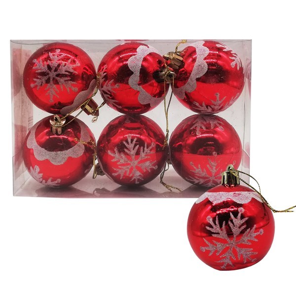 Imagen de Bolas navideñas x6, 6cm, con diseño, rojas, en caja de mica