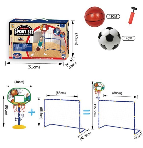 Imagen de Arco de fútbol y tablero de basket, con pelotas e inflador, en caja
