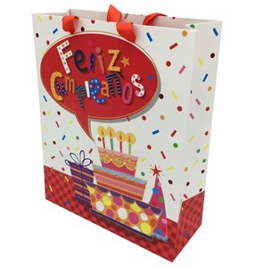 Imagen de Bolsa de regalo con diseño Feliz cumpleaños en 3D, asas de cinta satinada, PACK x12, varios diseños