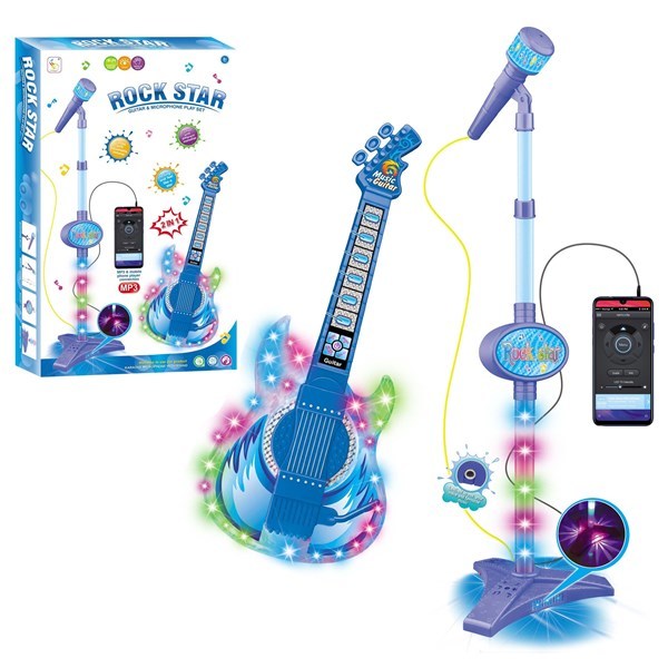 Imagen de Micrófono, de pie y guitarra con luz, entrada para celular y MP3, 3AA en caja