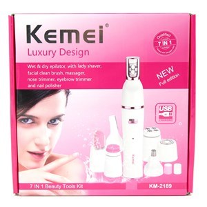 Imagen de Set de limpieza facial KEMEII, depilador, cepillo, masajeador, pulidor de cejas y uñas, en caja