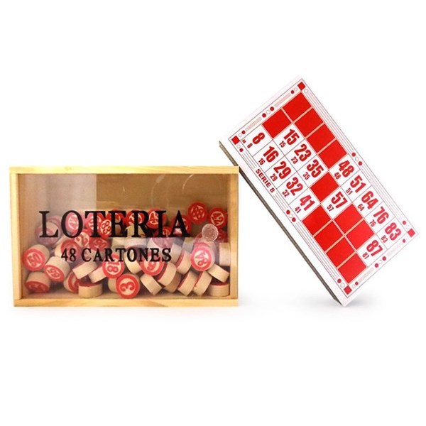 Imagen de Lotería, 48 cartones con fichas de madera, en caja de madera