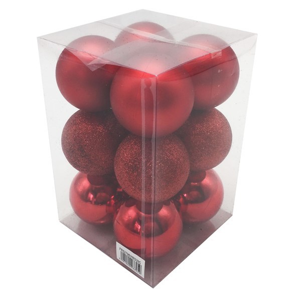 Imagen de Bolas navideñas x12 5cm, ROJO 3 texturas, en caja de mica