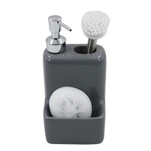 Imagen de Dispensador de jabón de cerámica, con porta cepillo y esponja, GRIS