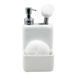 Imagen de Dispensador de jabón de cerámica, con porta cepillo y esponja, BLANCO