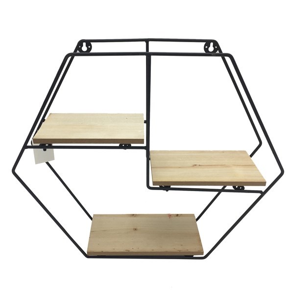 Imagen de Mueble, estantería de metal, 3 estantes de madera, diseño hexagonal
