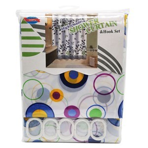 Imagen de Cortina de baño con 12 aros de plástico, de poliéster, varios diseños, en bolsa