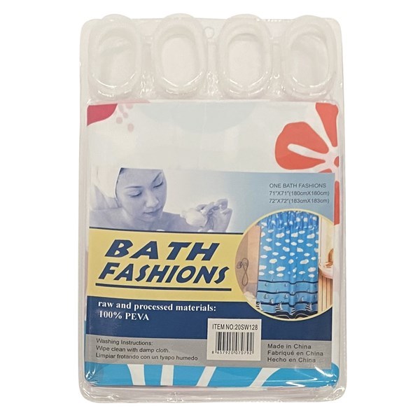Imagen de Cortina de baño con 12 aros de plástico, de PEVA, varios diseños, en bolsa