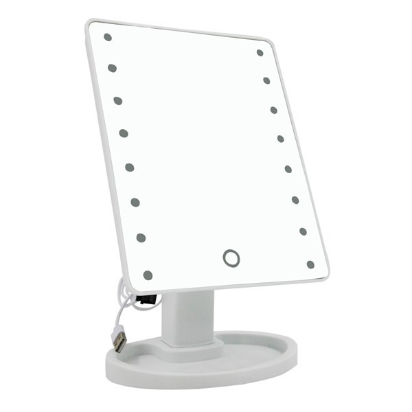 Imagen de Espejo móvil con pie 17x22cm, aro con luz, 16 led, 4AA, USB, en caja, 3 colores