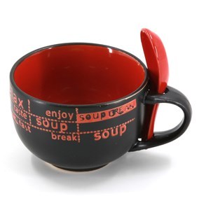 Imagen de Tazón sopero, cazuela con cuchara, de cerámica en caja individual, varios colores