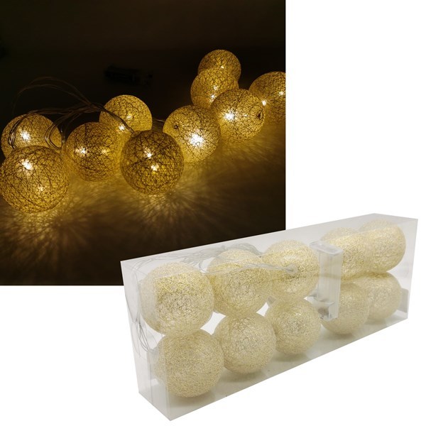 Imagen de Luces led x10, guía de 10 bolas forradas hilo de color, a pila, 2AA, en caja de mica, doradas