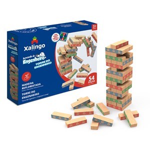 Imagen de Torre para armar, 54 bloques de madera y ruleta de colores, en caja
