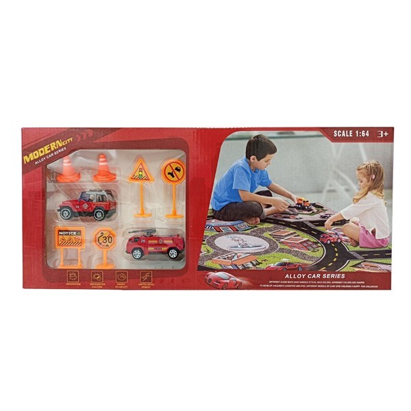 Imagen de Pista de autos alfombra con 2 vehículos de metal y accesorios, en caja