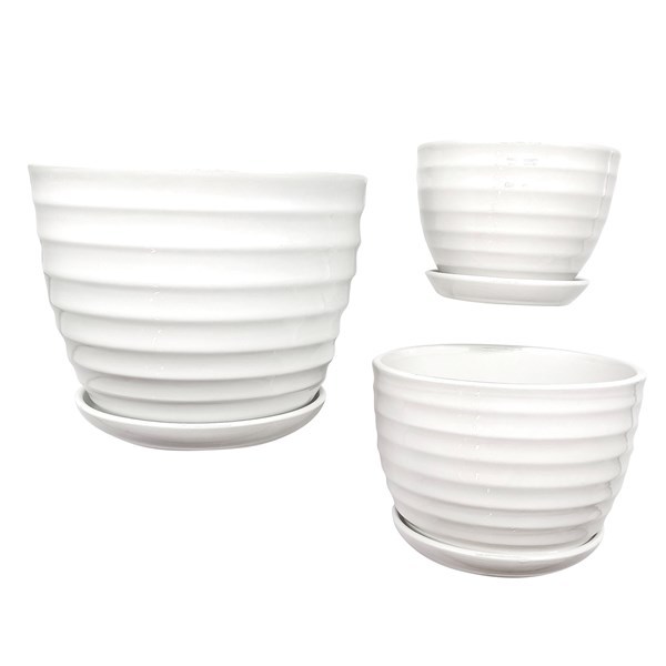 Imagen de Maceta de cerámica con plato x3 tamaños distintos, en caja marrón