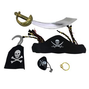 Imagen de Set de pirata espada garfio gorro y accesorios, en bolsa