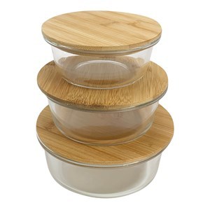 Imagen de Vianda recipiente de vidrio redondo tapa de bambú, PACKx3, en caja