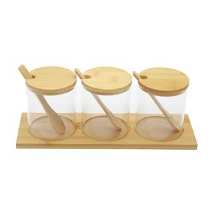 Imagen de Condimentero de vidrio y bambú con cuchara x3 con bandeja, en caja