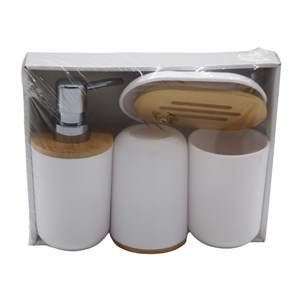 Imagen de Dispensador de jabón de plástico y bambú, con accesorios, BLANCO en caja