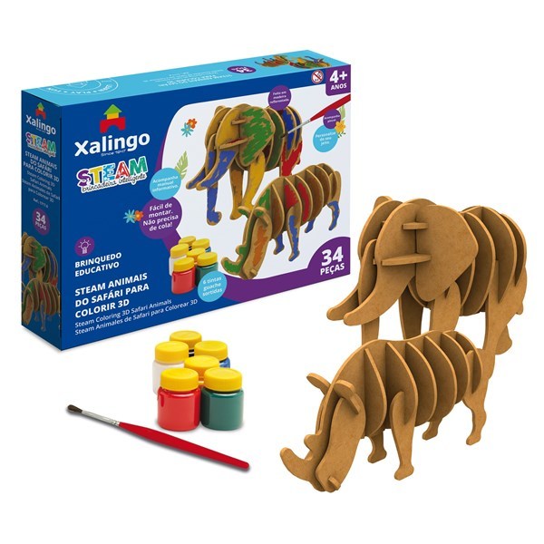 Imagen de Puzzle 3D animales de safari para pintar con témperas, XALINGO, en caja