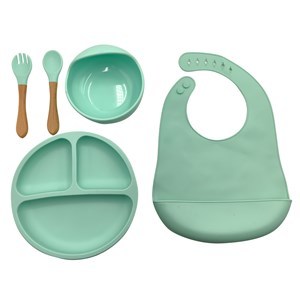 Imagen de Babero con receptor de alimentos, bowl, cubiertos y plato de silicona, en bolsa varios colores