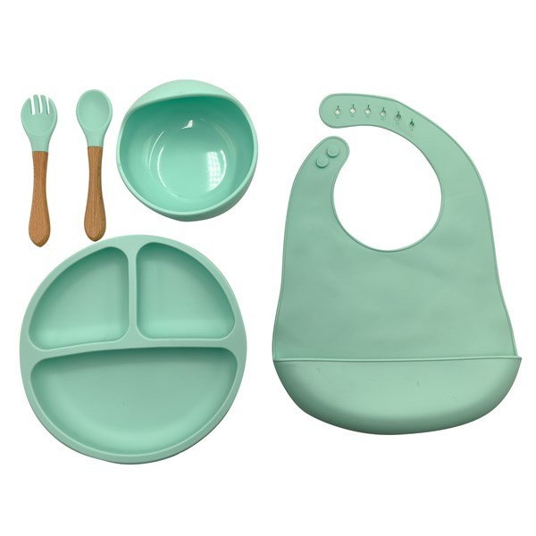 Imagen de Babero con receptor de alimentos, bowl, cubiertos y plato de silicona, en bolsa varios colores
