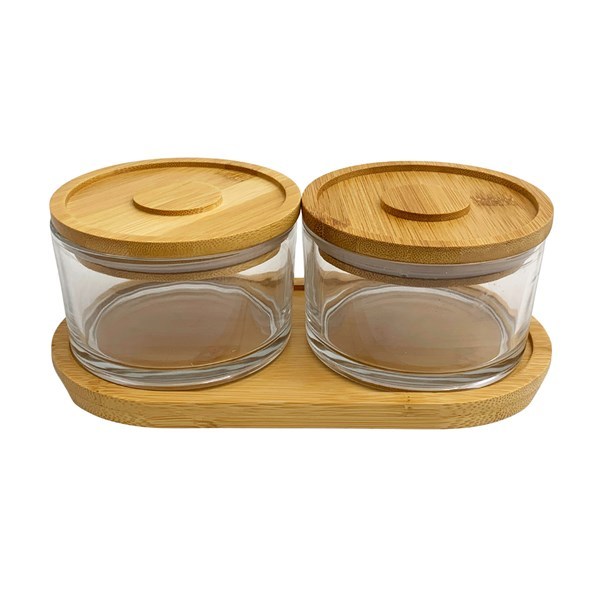 Imagen de Frascos de vidrio x2 con tapa de bambú, con base de madera, en caja