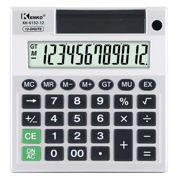 Imagen de Calculadora de mesa KENKO, 12 dígitos, display grande, con porta lápiz y porta hojas, 1AA, en caja