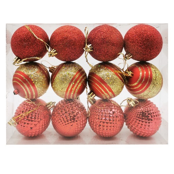 Imagen de Bolas navideñas x12 5cm, 3 diseños, en caja de mica rojo