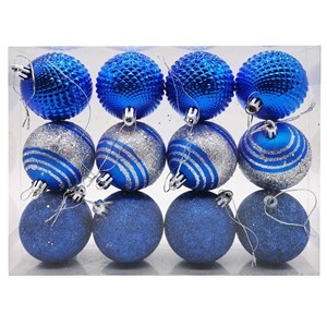 Imagen de Bolas navideñas x12 5cm, 3 diseños, en caja de mica azul