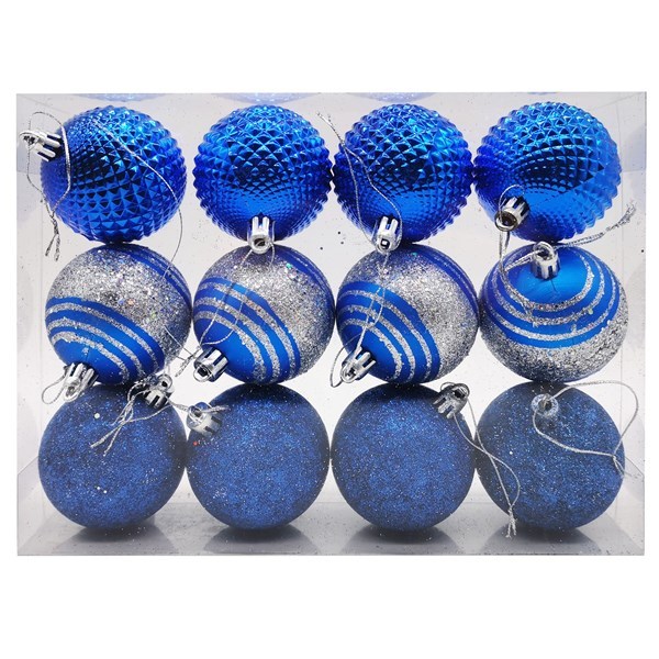 Imagen de Bolas navideñas x12 5cm, 3 diseños, en caja de mica azul