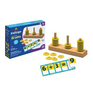 Imagen de Encastre de madera, matemáticas, ábaco y cartones con sistema braille, XALINGO en caja