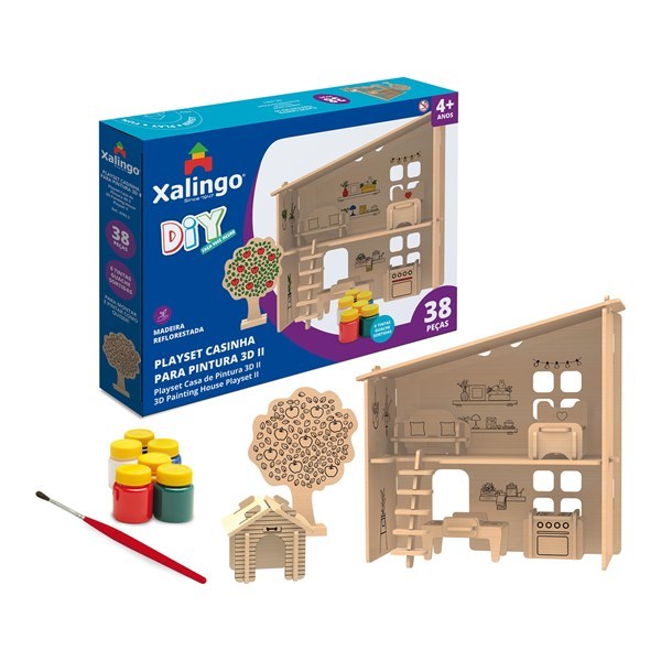 Imagen de Puzzle 3D, madera, casita para pintar con témperas, XALINGO en caja