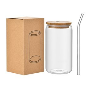 Imagen de Vaso de vidrio con sorbito, tapa de bambú, en caja