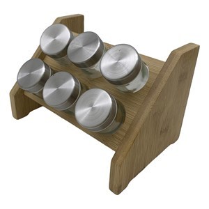 Imagen de Especieros de vidrio x6, con soporte de madera, en caja