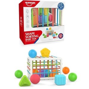 Imagen de Didáctico cubo con elásticos de colores y varias formas apilables, en caja