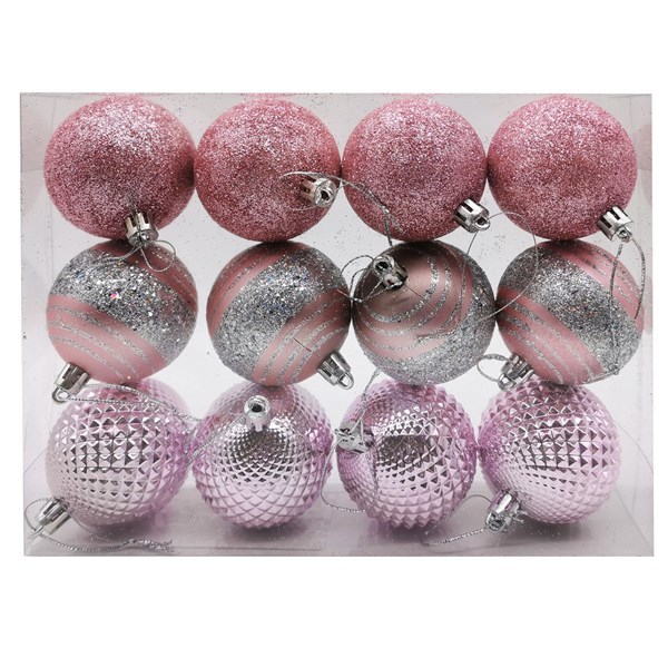 Imagen de Bolas navideñas x12 5cm, 3 diseños, en caja de mica rosado