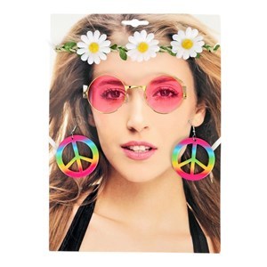 Imagen de Lentes de cotillón, con tiara flores y caravanas, en bolsa