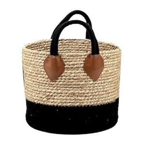 Imagen de Cesto canasto combinado de fibras naturales y piola 2 asas con cuero, mediano, junco de agua