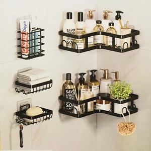 Imagen de Organizador esquinero para baño, de metal autoadhesivo, 5 piezas, en caja