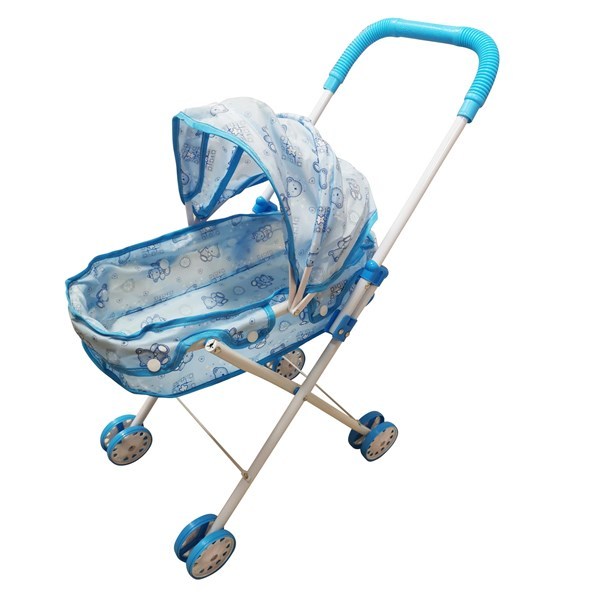 Imagen de Coche para muñeca, de metal, cuna con techo, en bolsa celeste