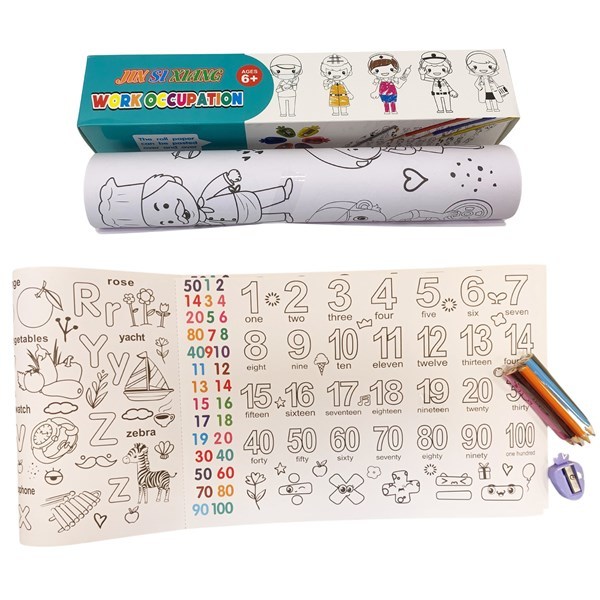 Imagen de Rollo de papel con dibujos para colorear, 1.8m, con 6 lápices y sacapuntas varios diseños