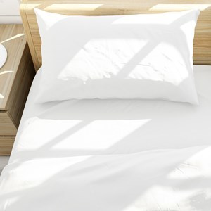 Imagen de Sábanas 1 plaza Berlina BLANCO, 90x190x25 152x220 50x75cm set de 3 piezas en poliester, en sobre PVC