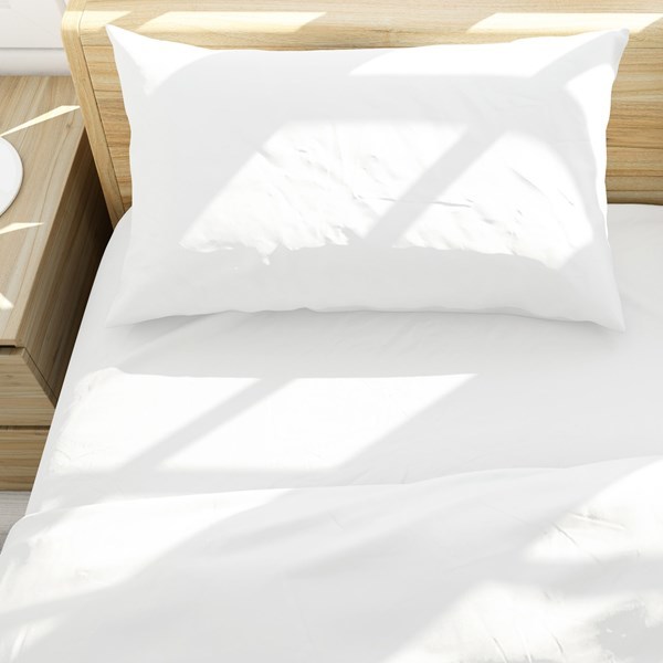 Imagen de Sábanas 1 plaza Berlina BLANCO, 90x190x25 152x220 50x75cm set de 3 piezas en poliester, en sobre PVC