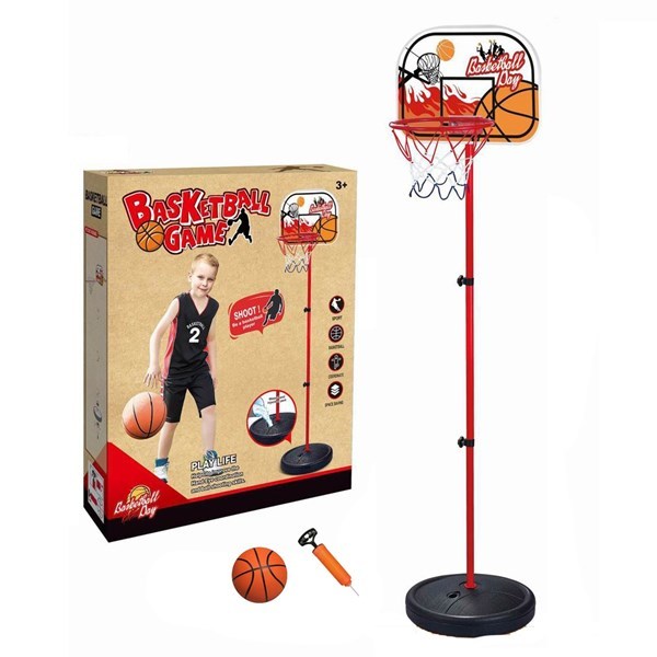 Imagen de Tablero de basket de pie, de plástico y metal, altura regulable, base para rellenar con agua o arena, con pelota e inflador en caja