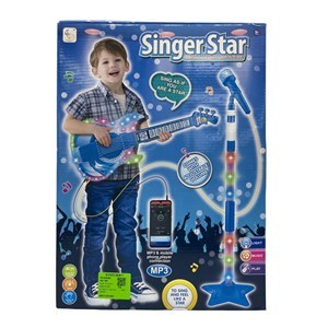 Imagen de Micrófono con pie, guitarra con luz y sonido, MP3 3AA, AZUL en caja