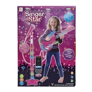 Imagen de Micrófono con pie, guitarra con luz y sonido, MP3 3AA, ROSADO en caja