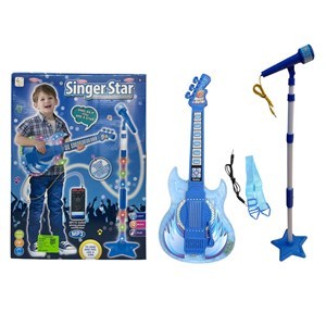 Imagen de Micrófono con pie, guitarra con luz y sonido, MP3 3AA, AZUL en caja