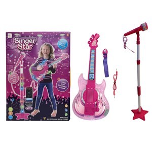 Imagen de Micrófono con pie, guitarra con luz y sonido, MP3 3AA, ROSADO en caja