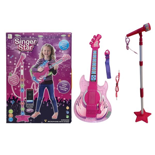 Imagen de Micrófono con pie, guitarra con luz y sonido, MP3 3AA, ROSADO en caja