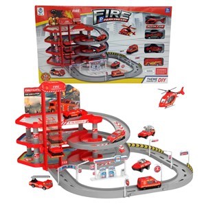 Imagen de Parking con 4 vehículos de bomberos, 2 vehículos son de metal, en caja